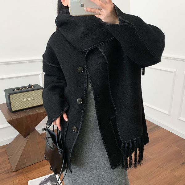 

womens new toteme single-breasted tassel scarf wool coat color black, Black;brown