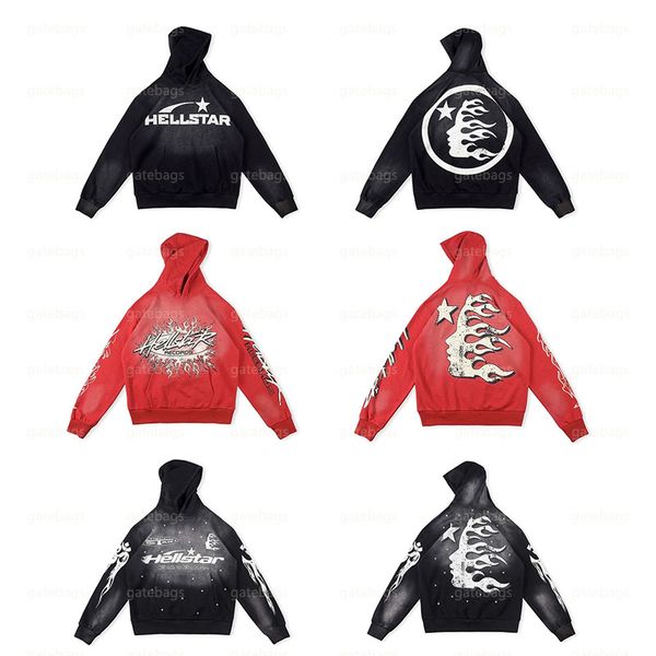 

european american trend hellstar studios flame red ins with vintage do old crack print man women t shirts hoodie travis scott fun graffiti p, Black;brown