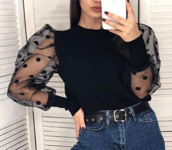 

black polka dot puff long sleeve blouse women elegant autumn winter knitted slim ladies white party club blusas 20207083738