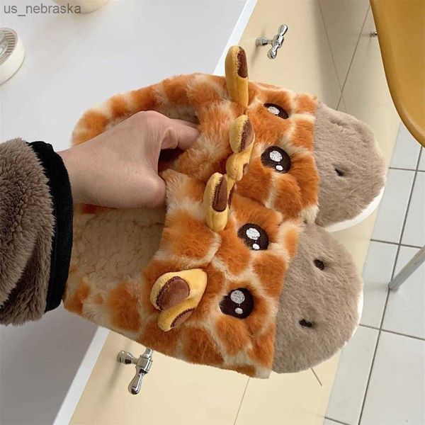 

2021 winter indoor men slippers nonslip thick bottom plush home shoes women cartoon cute warm giraffe cotton couples slippers l230518, Black;grey