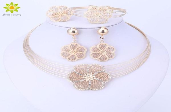 

dubai goldcolor jewelry sets nigerian wedding african beads crystal necklace earrings bracelet ring flower pendant jewelry set31402769884, Slivery;golden
