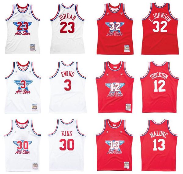 

stitched basketball jersey 23 michael david robinson john stockton karl malone bernard king patrick ewing 32 johnson 1991 all-star mitchell, Black;red