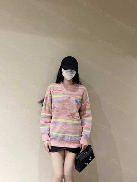 

23ss women sweater womens designer clothing beaded satin ribbon large double c color horizontal striped round neck pullover long sleeve swea, White;black