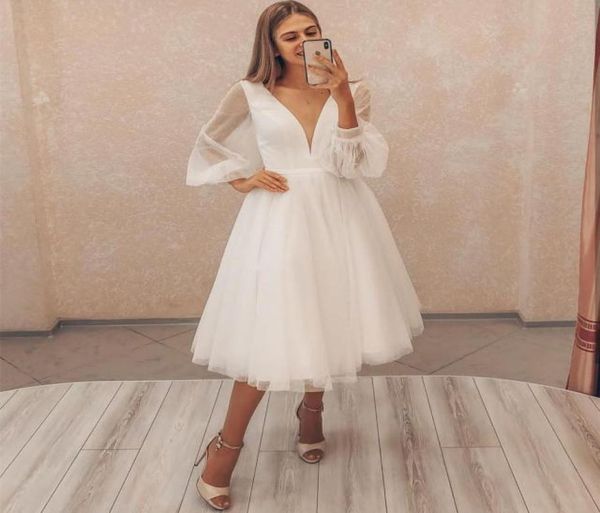 

short wedding dress 2021 long puff sleeve simple elegant vneck knee length robe de mariee custom made civil beach 384826, White