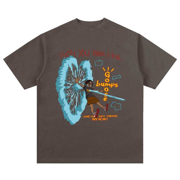 

spring / summer new travis scott high street hip hop cartoon print short sleeve loose shoulder tee, White