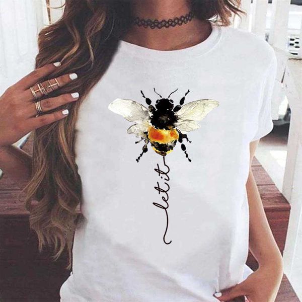 

new women's round neck loose creative little bee print summer t-shirt top, White