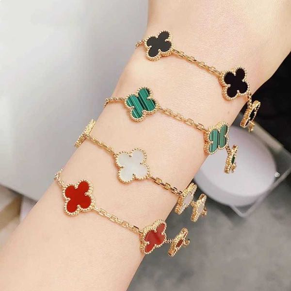 

lucky four-leaf clover five flower bracelet 18k gold colorless girls new double sided natural fritillaria peacock green, Golden;silver