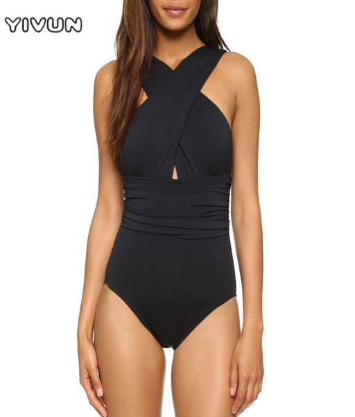 

2021 brazilian bikini swimwear cross halter women one piece swimsuit black red solid bathing beach wear swim retro suits8217446