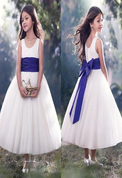 

2017 fashion white flower girl dresses luxury a line crew neck covered zipper gowns vintage bow knot tea length tulle girl pageant6189017, White;blue
