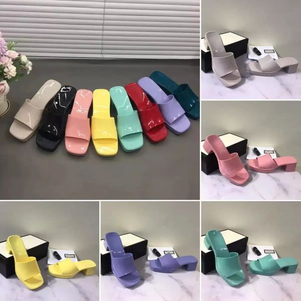 

2022 woman rubber high heels platform slide sandal platform slipper pink green candy colors outdoor womens beach slides slippers flip fl hrm, Black