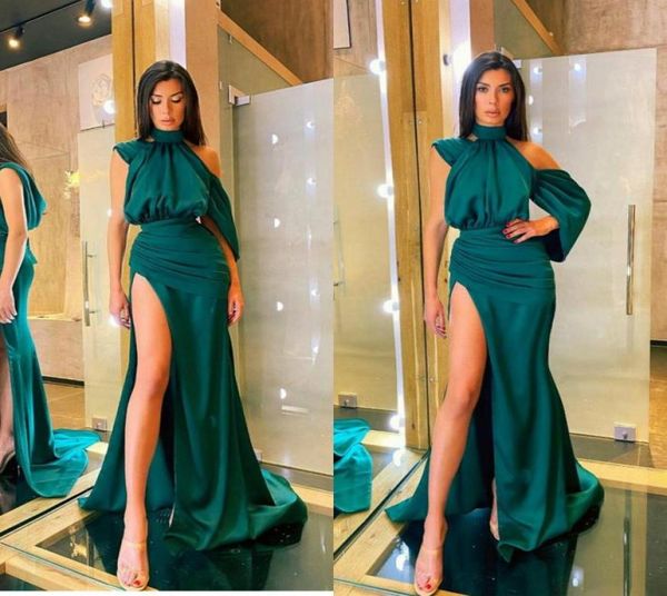 

dark green evening dresses high neck satin split long mermaid prom dresses sweep train arabic formal party gowns9776926, Black;red
