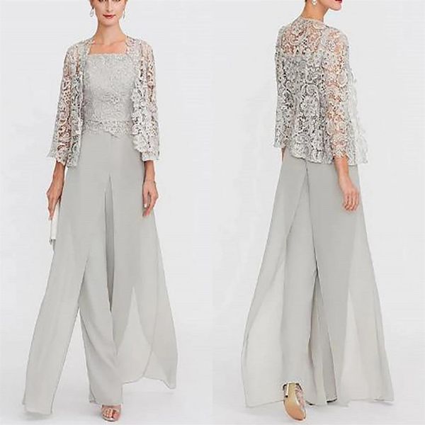 

two pieces jumpsuits mother of the bride dresses with lace jacket silver gray chiffon long evening party gowns pantsuits plus size228o, Black;red