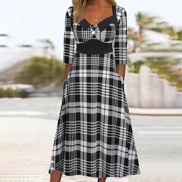 

summer style plaid print mid sleeve stitching urban casual dress for women, Black;gray