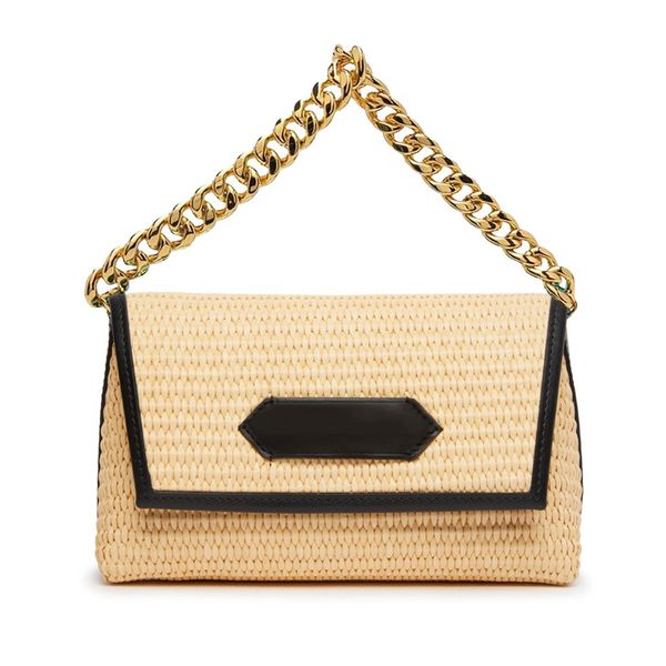 

summer beach straw bag women flap handbags cowhide raffia woven hobo shoulder bags removable metal chain handle leather letter magnetic buck