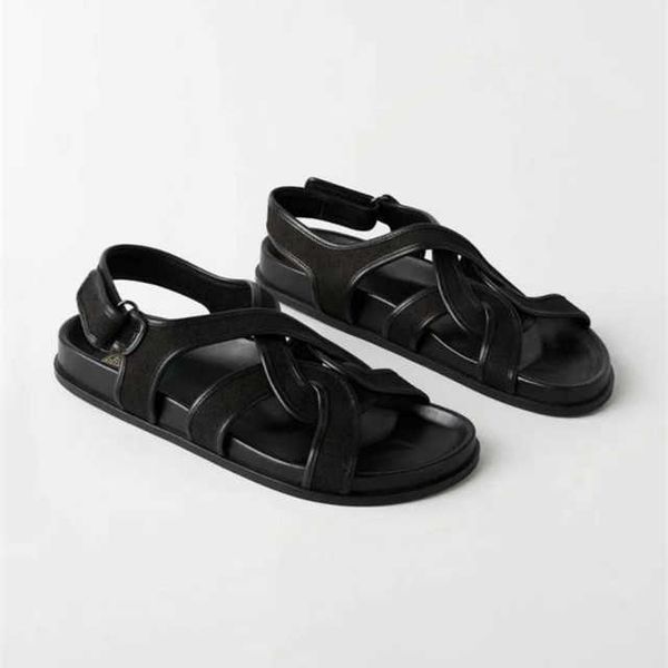 

pure original~toteme thick soled sandals black linen canvas roman style manual leather woven beach shoes