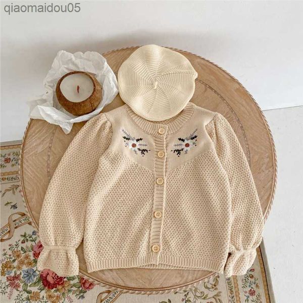 

2023 spring baby girl knitted jacket bubble sleeve solid cotton newborn cardigan embroidered jacket fashion infant girl clothing l230712, Blue;gray