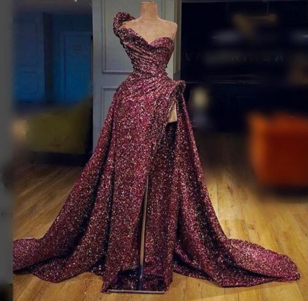 

one shoulder sequined prom dresses high split ruffles sweep train evening gowns backless formal party dress 035975, Black