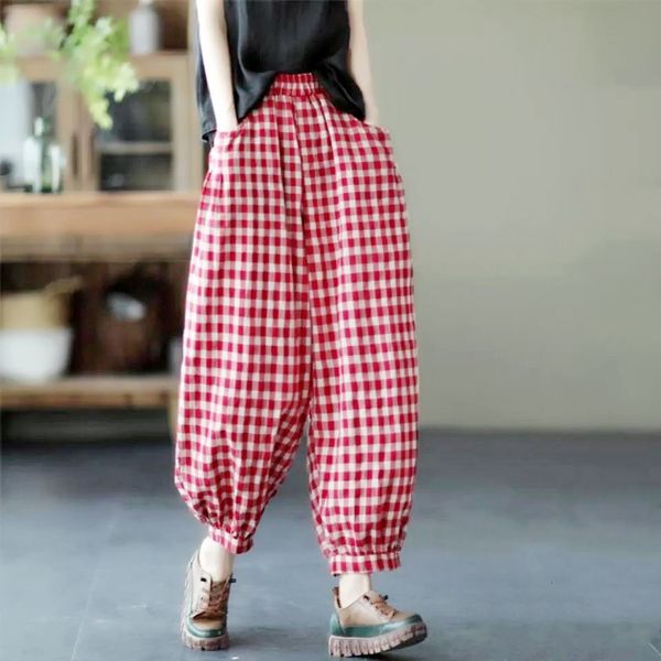 

women's pants capris spring vintage plaid flax loose high waist bloomers women's all-match pocket thin elastic waist harem femme c, Black;white