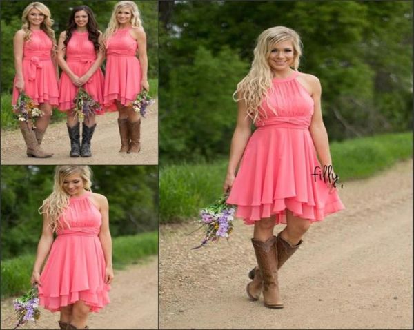 

2018 country style halter neck bridesmaid dresses wedding dresses ruched backless high low maid of honor gowns plus size par9292383, White;pink