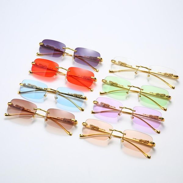 

rimless rectangle vintage sunglasses metal leopard head fashion eyewear frameless tinted sun glasses shades for women men, White;black