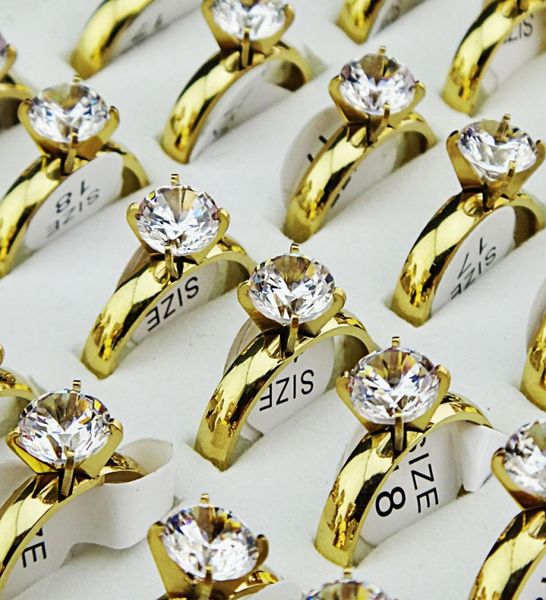 

genuine 10pcs never fade cubic zirconia 18k gold 316l stainless steel engagement wedding women men039s plain rings jewelry a0755891906, Golden;silver