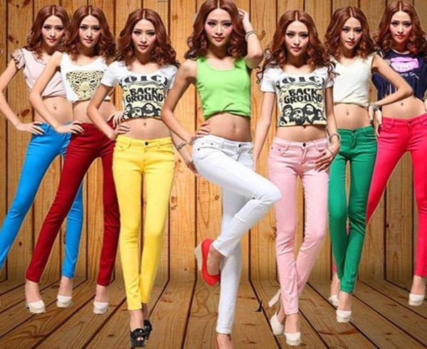 

thin candy colored plus size skinny stretch jeans for women tight push up jeans mid rise elastic denim pencil woman5093604, Blue