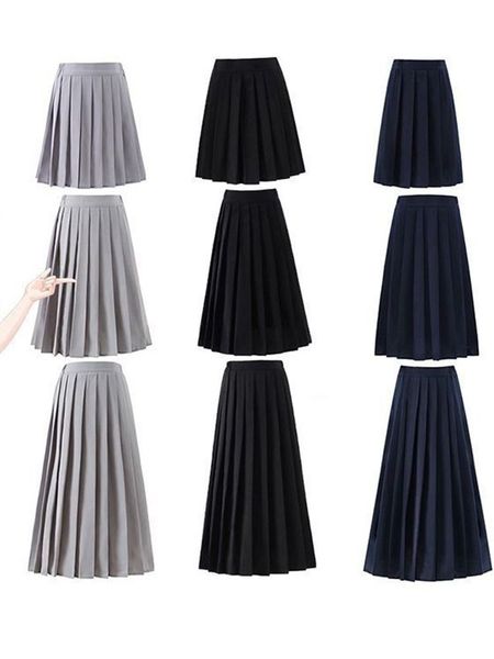 

skirts japanese preppy style women elastic waist long midi skirt ladies fashion party female pleated girls school uniform 230720, Black