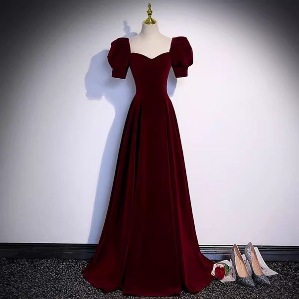 

burgundy evening dress velvet prom gowns sweetheart short sleeves lace-up/zipper back, Black;red