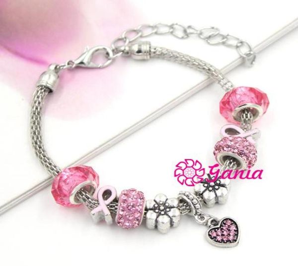 

10pcslot european bead bracelet flower pave disco breast cancer pink crystal heart charm bracelets for women4886103, Golden;silver