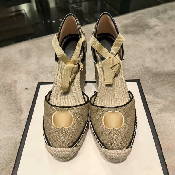 

wedge sandal luxury slide designer woman coarse for high heel shoe summer classic thick platform man espadrille with ribbon leather lady sli, Black