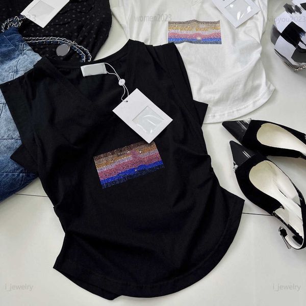 

women designer t-shirt fashion tees diamond rainbow decoration size s-l sleeveless v-neck girl t shirt luxurious july18, White