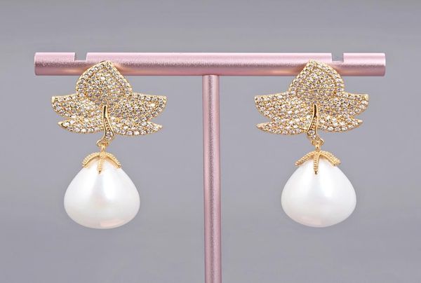 

guaiguai jewelry white sea shell pearl gold color plated cz micro pave drop earrings for women real gems stone lady fashion jewell7479339, Silver