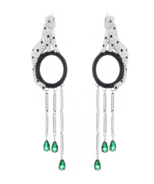 

luxury brand party jewelry women panthere earrings 3d full diamond leopard drop earrings tassels drop water green stone panthe6737840, Silver