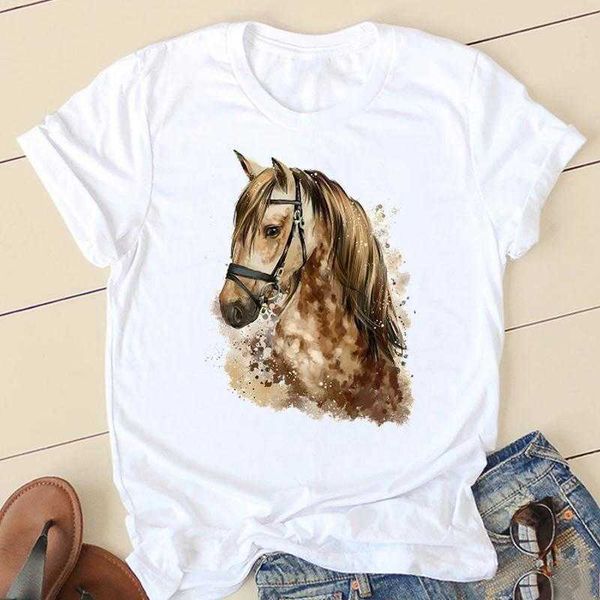 

ladies fashion watercolor horse 90s trend casual women cloth, White