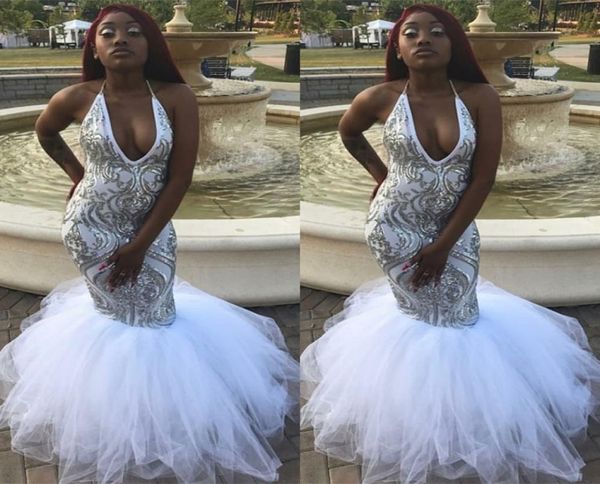 

white arabic gold sequin mermaid prom reflective dresses 2019 sleeveless halter deep v neck african plus size evening pageant gown1919225, Black