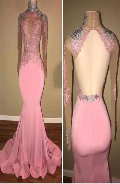 

high neck pink prom dresses mermaid open back satin long party dress evening wear lace applique sequined graduation gowns2567618, Black