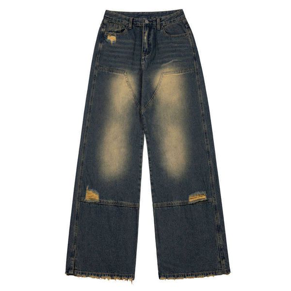 

american style washed and made old rough edge torn jeans, men's and women's trendy hip-hop loose fitting wide leg long pants, Blue