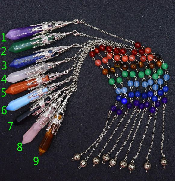 

hexagonal chakra crystal bullet gemstone pendant necklaces pointed quartz stone chain necklaces8524420, Silver