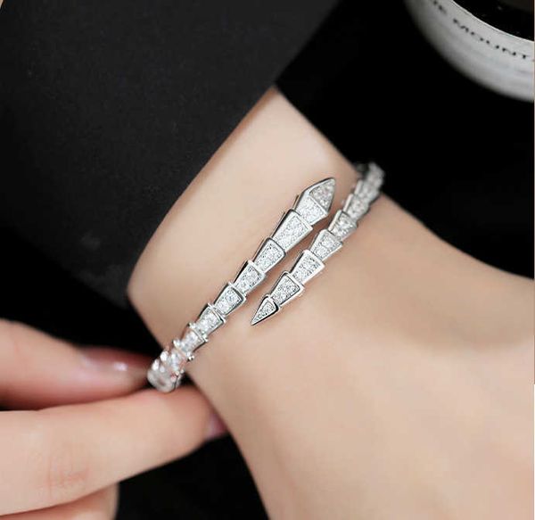 

new micro inlaid zircon snake shaped with female minority design silver open bracelet fashion handpiece, Golden;silver