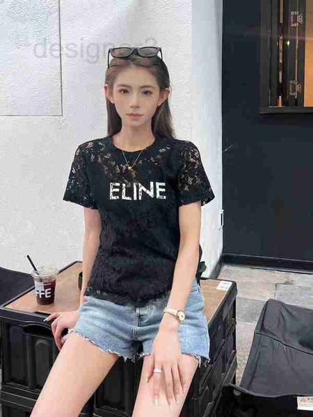 

women's t-shirt designer lace jacquard hollowed out short sleeved t-shirt for women's 23 summer new youth fashion straight tube sm, White