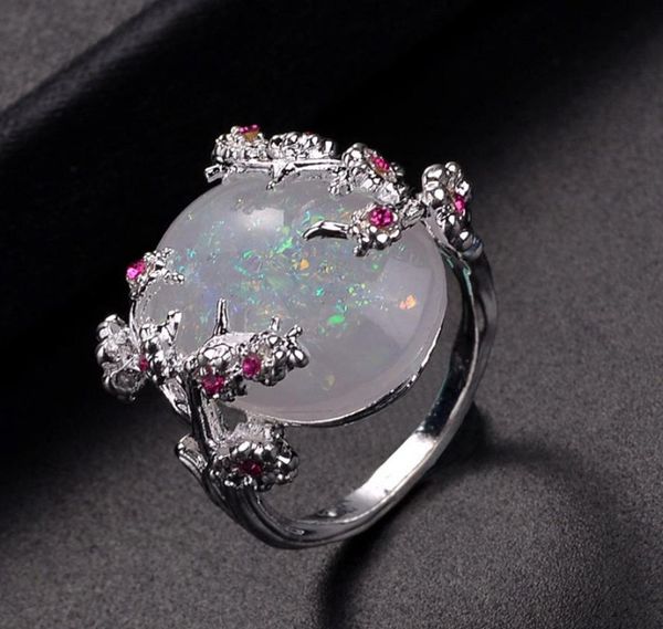 

beautiful tree flower ring jewelry black gold filled romantic cz big white fire opal ring women drop bands finger ring6550374, Golden;silver