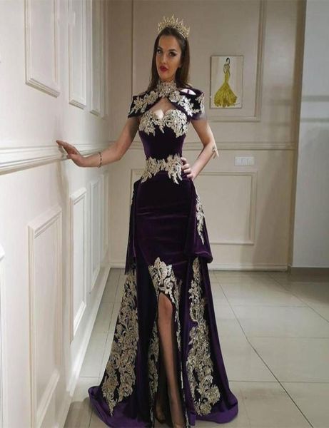 

2020 high neck mermaid 3 pieces evening dresses with overskirt velour gold lace formal dress prom gowns vestido de noiva algerian 3349801, Black