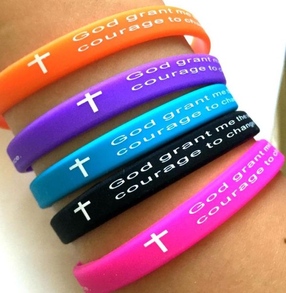 

50pcs color 7mm width serenity prayer quotgod grant mequotbible cross silicone bracelets wristbands whole christian jewe94056846327280, Golden;silver