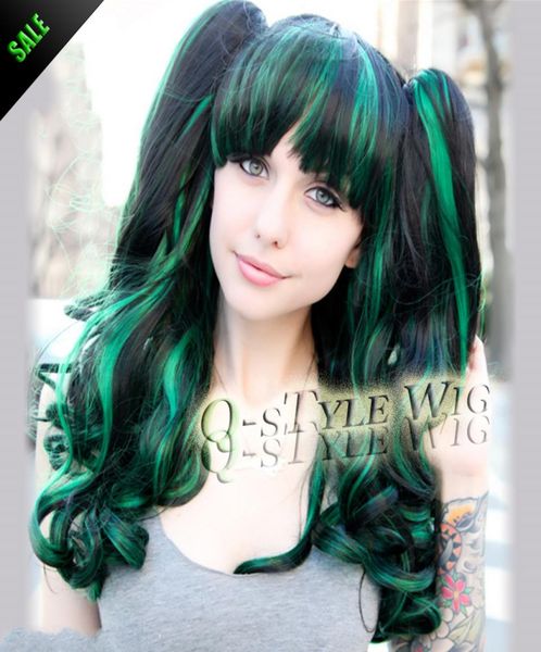 

highlight green mix black color pastel wig ombre style colorful thick long beautiful magic color wavy hair cosplay wig1465374