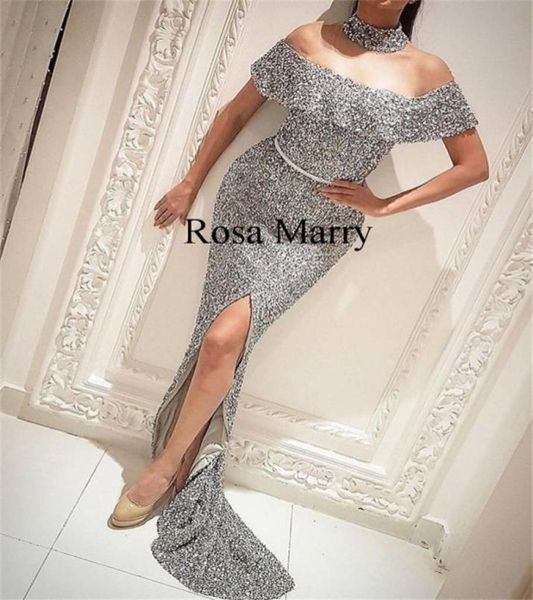 

sparkly sliver sequined mermaid evening dresses 2020 yousef aljasmi high neck front split arabic formal prom dresses evening5511659, Black;red