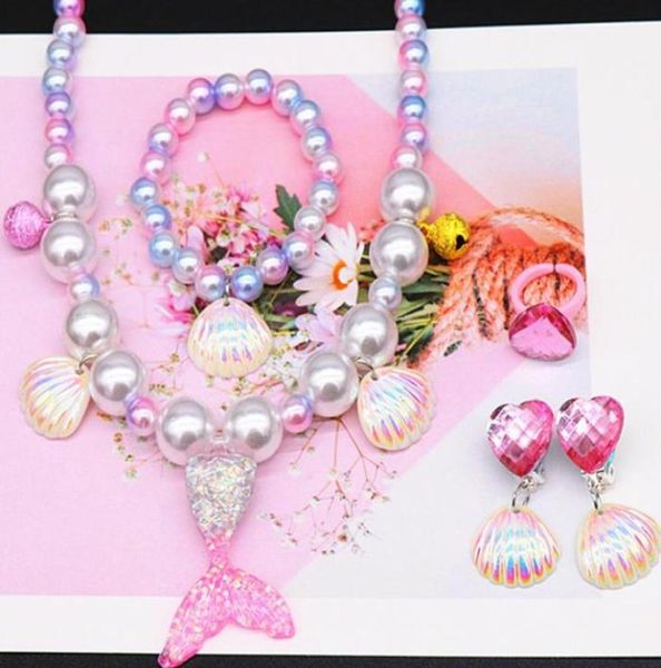 

beaded necklace bracelets ring clip earrings for kids little girl mermaid pearl jewelry sets favors bags for party2914350, Red;brown