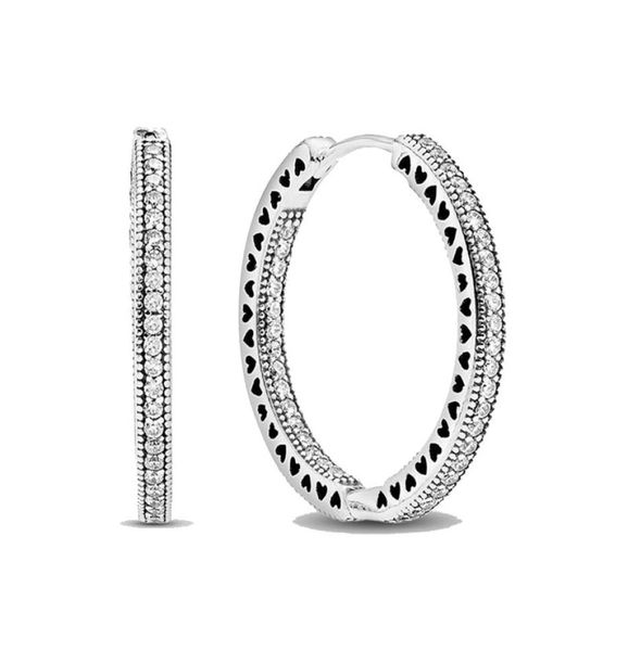 

sparkle and hearts hoop earrings real sterling silver original box for women girls wedding party jewelry full cz diamond big circle stud ear, Golden;silver