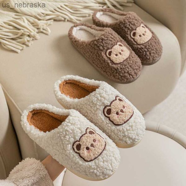 

winter house women fur slippers warm soft for men cute cartoon bear bedroom ladies girls fluffy slippers couples plush shoes l230518, Black;grey