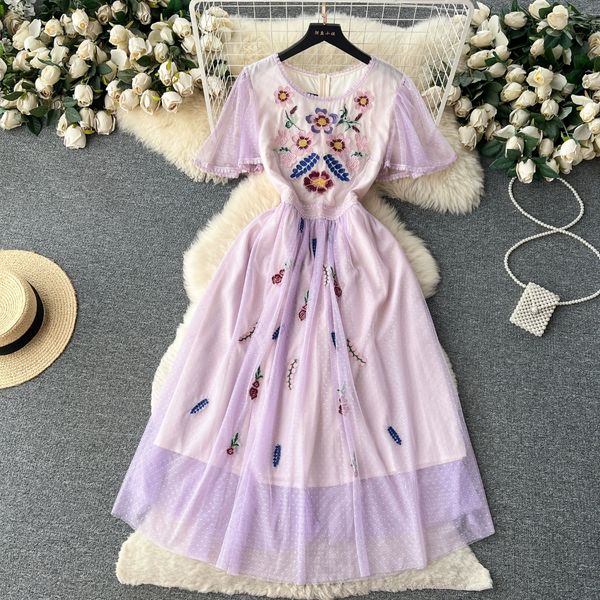 

2023 summer new french round neck short sleeve mesh splice positioning flower embroidery wrapped waist slim large swing dress, Black;gray