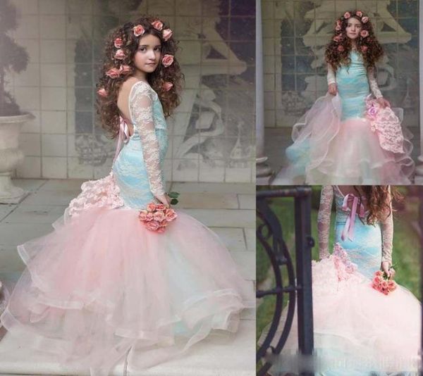 

elegant long sleeves backless blue and pink girls pageant gowns 2017 lace flower girl dress for children quinceanera party dresses3497829, Blue;red